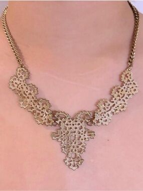 Vintage Antique Gold Lace Filigree Statement Necklace, 16 in + 2.5 in extender